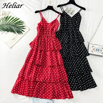 

HELIAR 2019 Spring Women Dress New Elegant Pleated Ruffled High Waist Spaghatte Strap Dress Lady Polka Dot Sleeveless Dresses