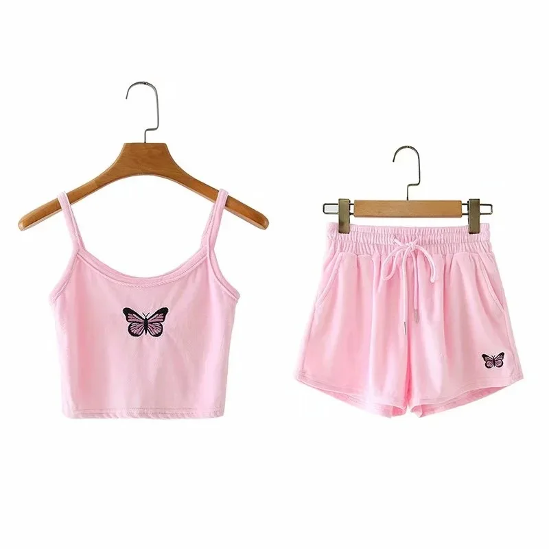 Women summer yellow 2 pieces set top cami shorts Embroidery Butterfly Velvet crop top cropped camis Tank Top elastic waist