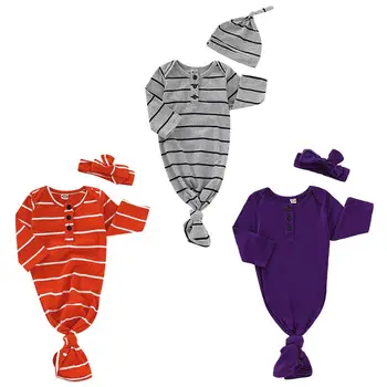 

2PCS Stripes Baby Sleeping Bag Knoted Hat Swaddle Wrap Outfits Set for Newborns F3ME