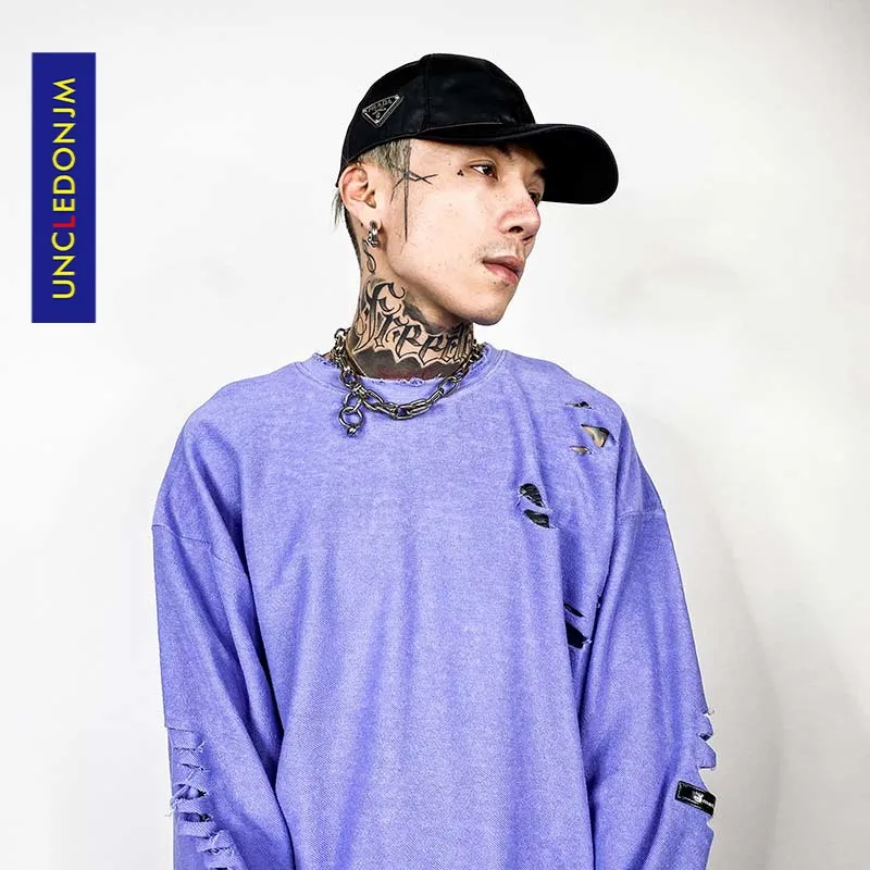 

UNCLEDONJM Pure Color Long-Sleeved T-shirt Men's Casual Distressed Bottoming Shirt Fashion Loose Top harajuku t shirts men NF45