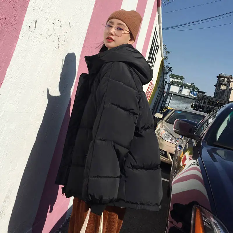 

Korean Style 2019 Winter Jacket Women Hooded Solid Black Gray Female Down Coat Loose Oversized Womens Short Parka Autumn Hoodies