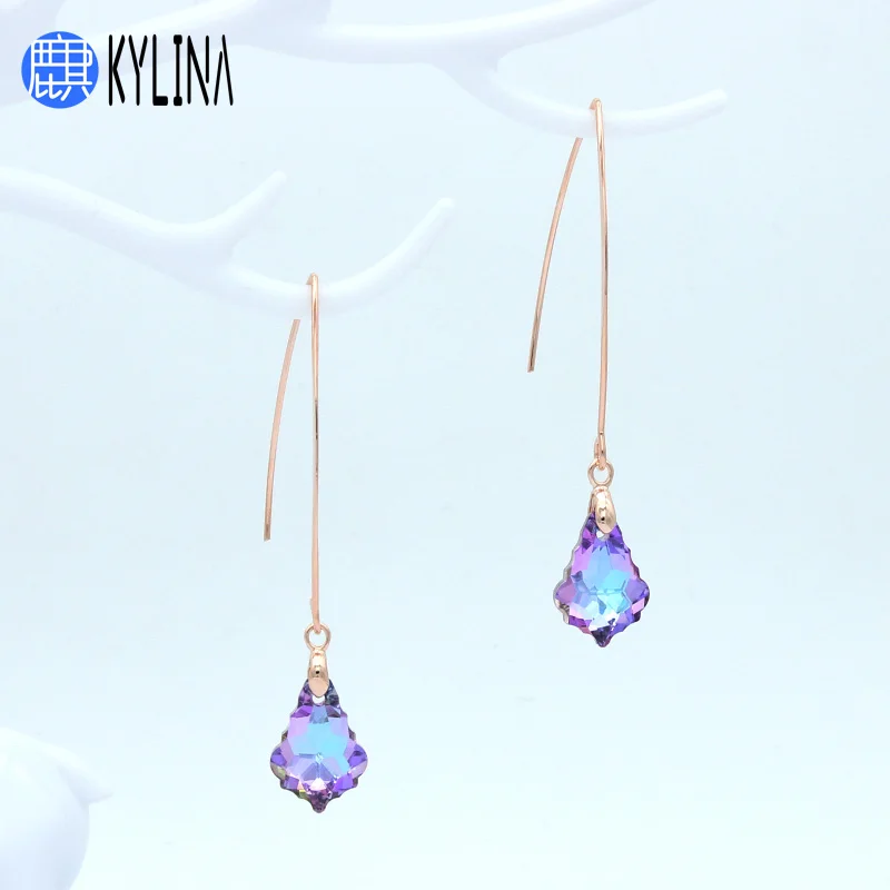

KYLINA 2019New Long Colorful Water Drop Crystal Dangle Earrings 585 Rose Gold Fashion Ear Hook For Women Girl Wedding Party Gift