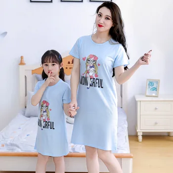 

Mother Kids Pajamas Family Matching Clothes Mom Daughter Nightgowns Summer Cotton Night Dress Girls Women Nightwear Sleepshirts