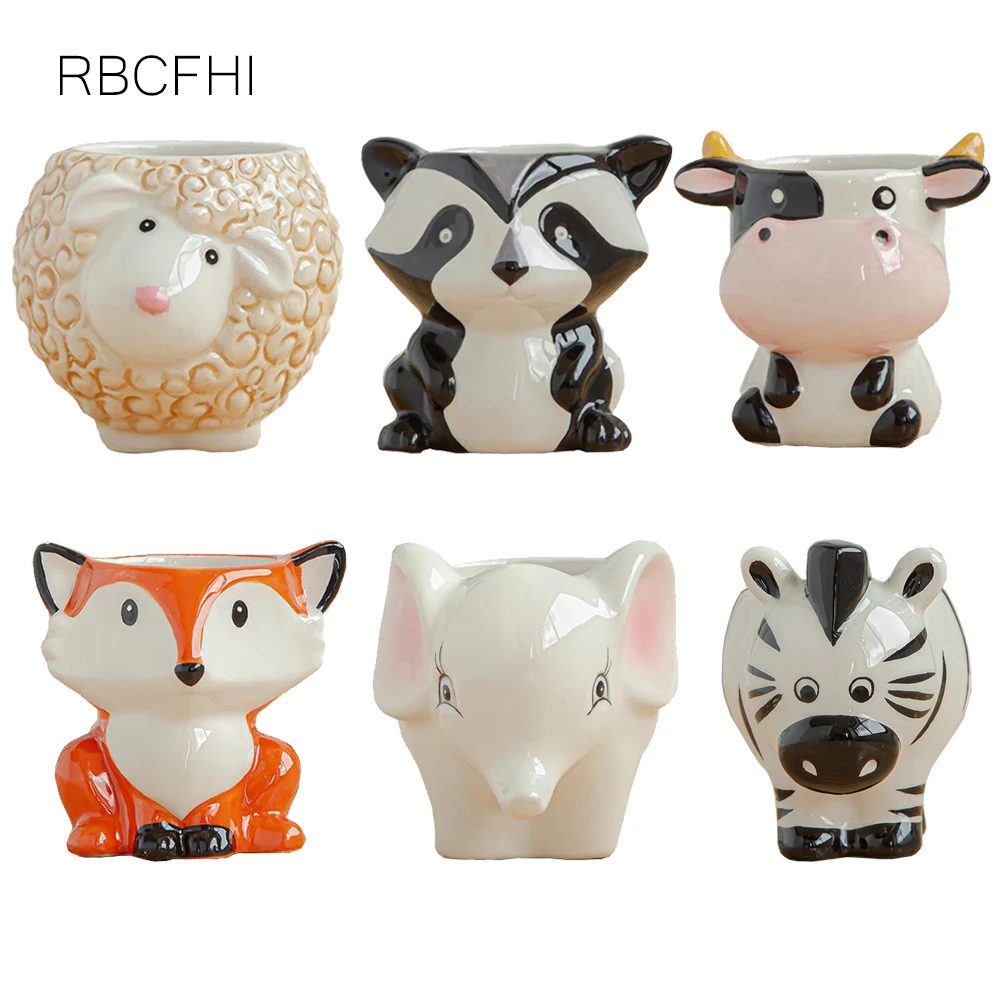 RBCFHl 1PC Style Ceramic Animal Flower Pot Cartoon Zebra Sheep Cow Head Mini Pot Succulents 