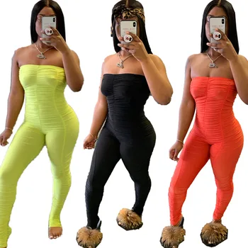 

Womens Solid Color Strapless Stacked Jumpsuit