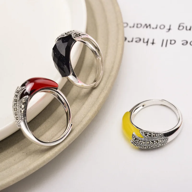 BONLAVIE S925 Серебряное кольцо Ретро Мозаика топаз черный агат гранат кольцо Push-Pull дизайн для женщин