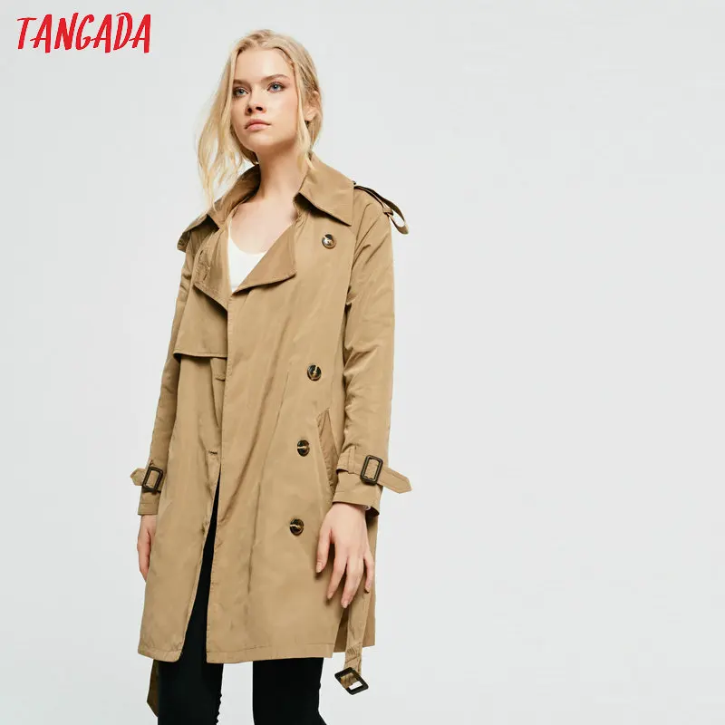 Tangada, женский длинный Тренч из хлопка, однотонные ленты, элегантный женский длинный плащ, ветровка в английском стиле, верхняя одежда 2Z08