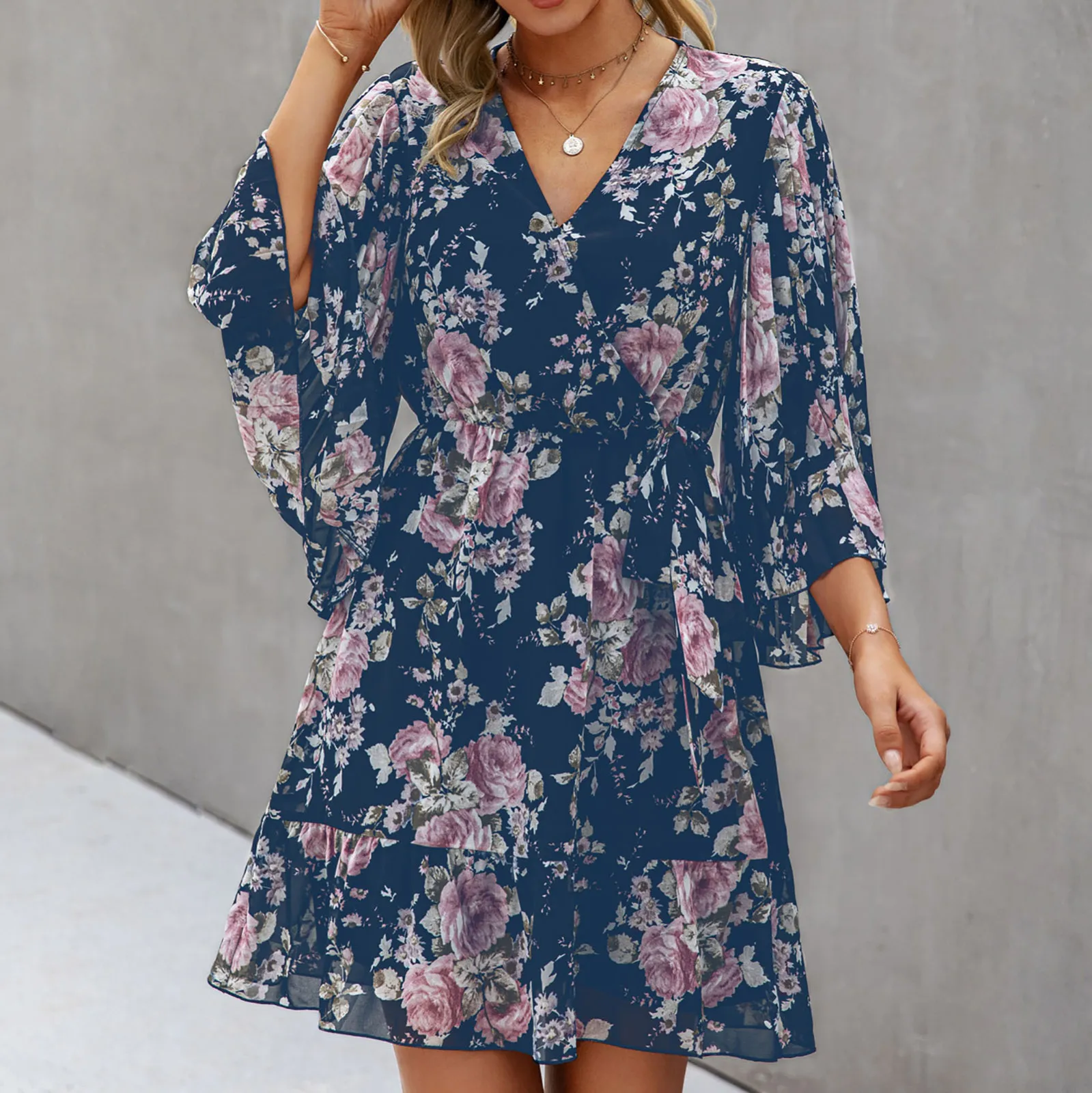 Women Fashion Floral Dress Print Long Sleeve V-neck Casual Sundress Dresses Summer Dress 2021 Fashion Women Sukienka Платье 2