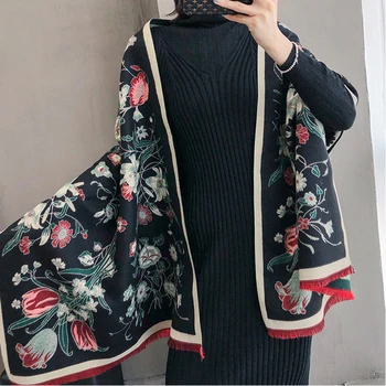 

Shawl Luxury Bufanda Winter Women Floral Brushed Cashmere Scarf chal Warm Shawl Double-sided Large Pashmina Travel Blanket Wraps