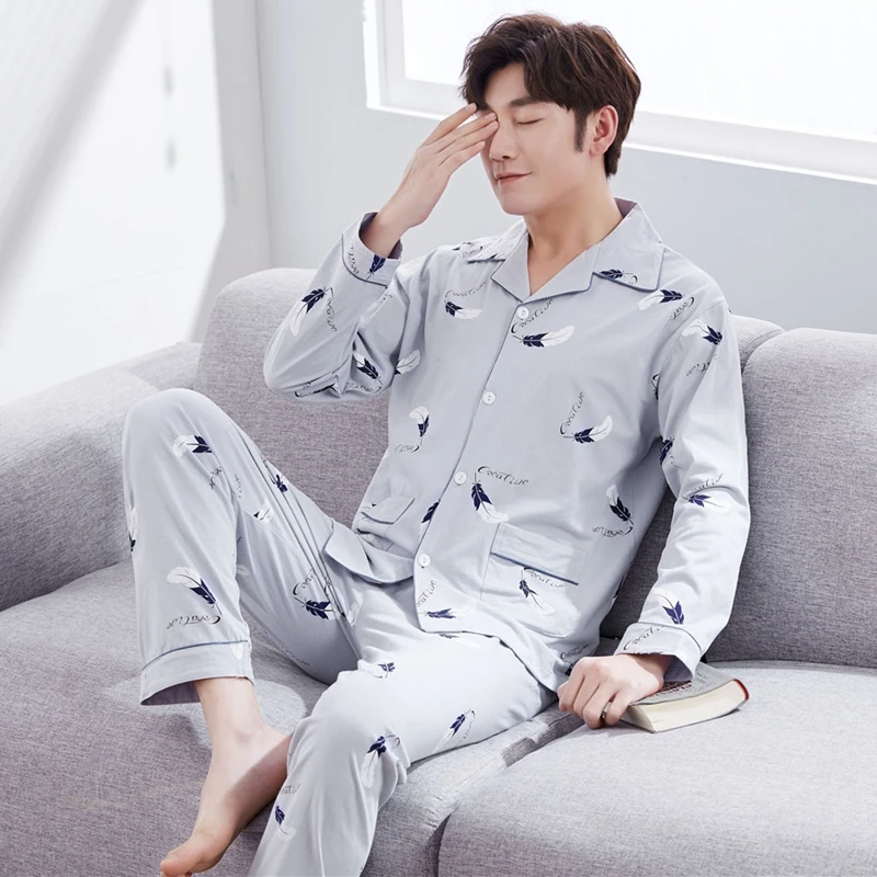 Cotton Cardigan Pajama Sets for Men Autumn Winter Long Sleeve Print Pyjama Sleepwear Male Lounge Homewear Home Clothes - Цвет: 7114