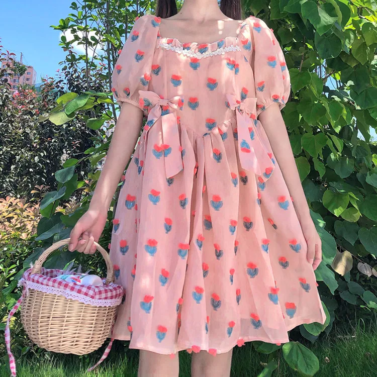Japanese Summer New Kawaii Soft Girly Dresses Elegant Square Collar Cute Puff Sleeve Sweety Girl Strawberry Bow Loose Dress