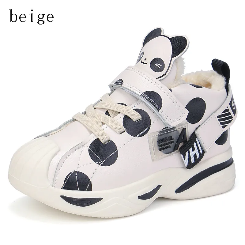 beige Теплые кожаные кроссовки для мальчиков и девочек; коллекция года; зимние детские ботинки; брендовая модная обувь; детская повседневная обувь с Плюшевым Мехом; обувь в горошек - Цвет: beige