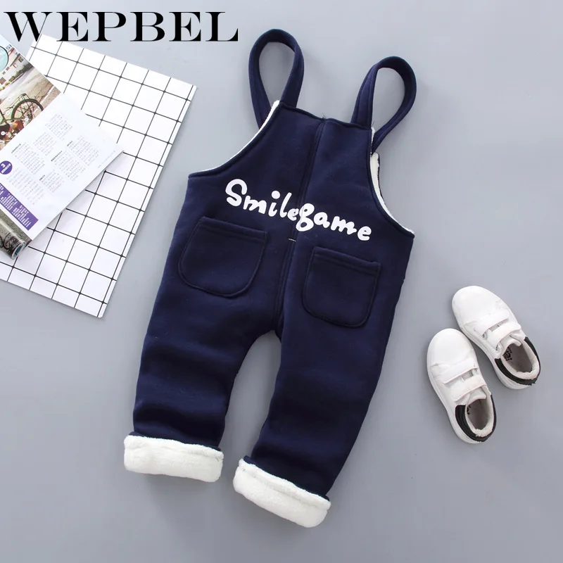 WEPBEL Winter Children Pants New Cotton Denim Pants Girls Cartoon Thicken Jeans Bib Pants Kids Children Baby Warm Trousers