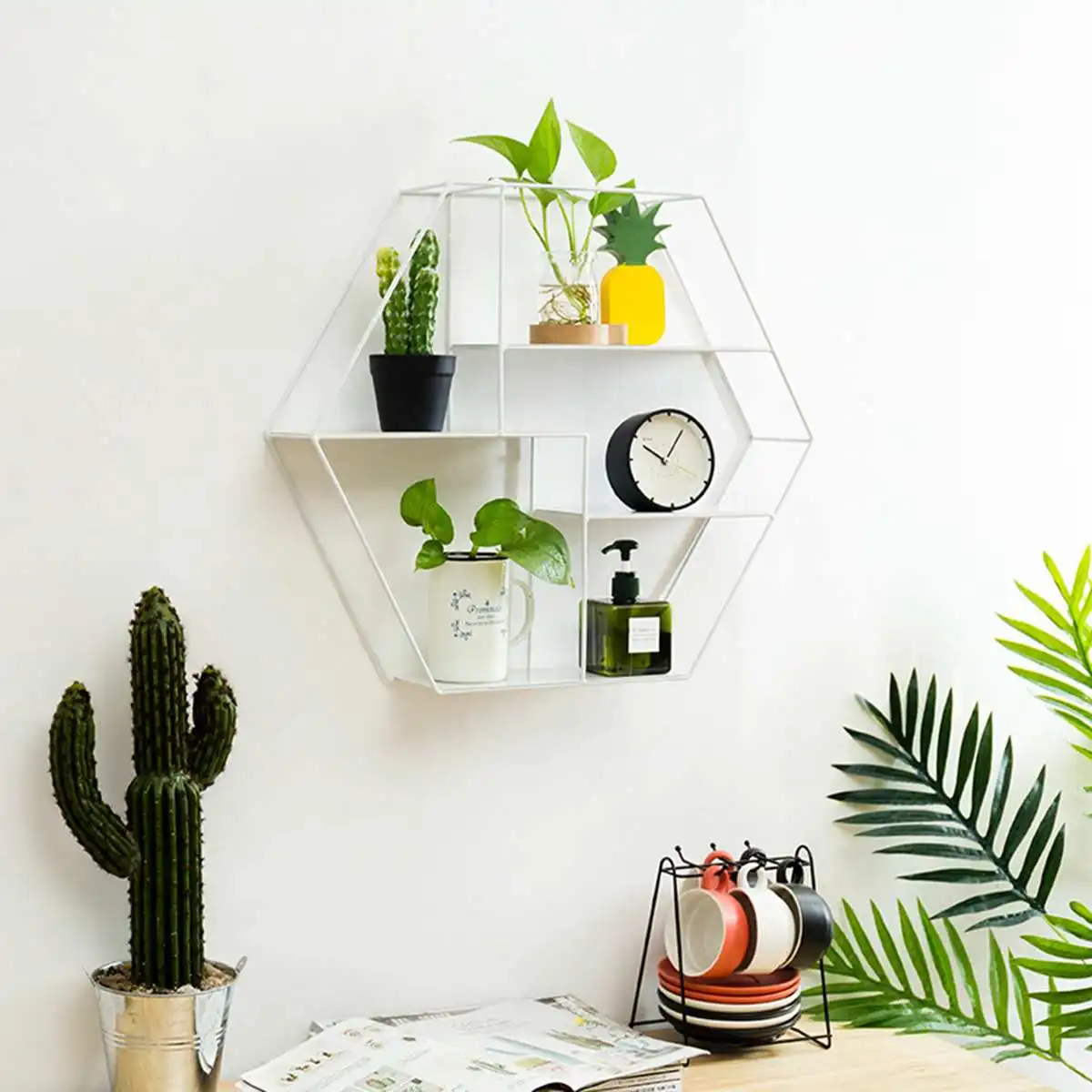 

Hexagonal Metal Nordic Simple Shelf Bracket Wall Mounted Cabinet Display Storage Rack Home Decor Craft Organizer 52*11*45cm