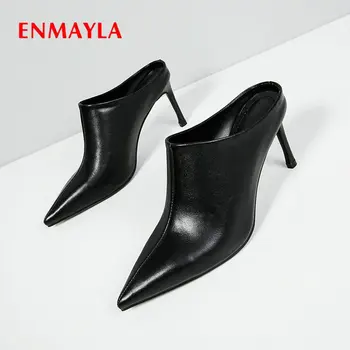 

ENMAYLA 2020 Slip-On Party Novelty Mules Thin Heels Pointed Toe Luxury Shoes Women High Heel Shoes Genuine Leather Women Pumps