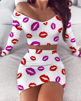 

2 Piece Set Women Lip Print Crop Top & Skirt Sets Sweat Suits Women Long Sleeve Off Shoulder V Neck Female Outfits