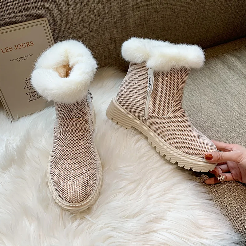 Furry Snow Boots Female Women Shoes Bling Flat Boots Woman Plush Warm Winter Ankle Boots For Women Fashion Ladies Platform Shoes