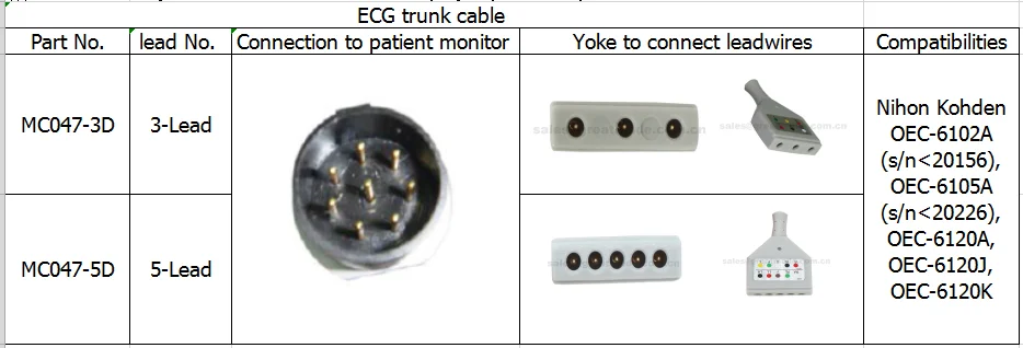 Совместимый Nihon Kohden ЭКГ кабель, 8pin, Din, кокеткой, 3-без содержания свинца и OEC-6102A