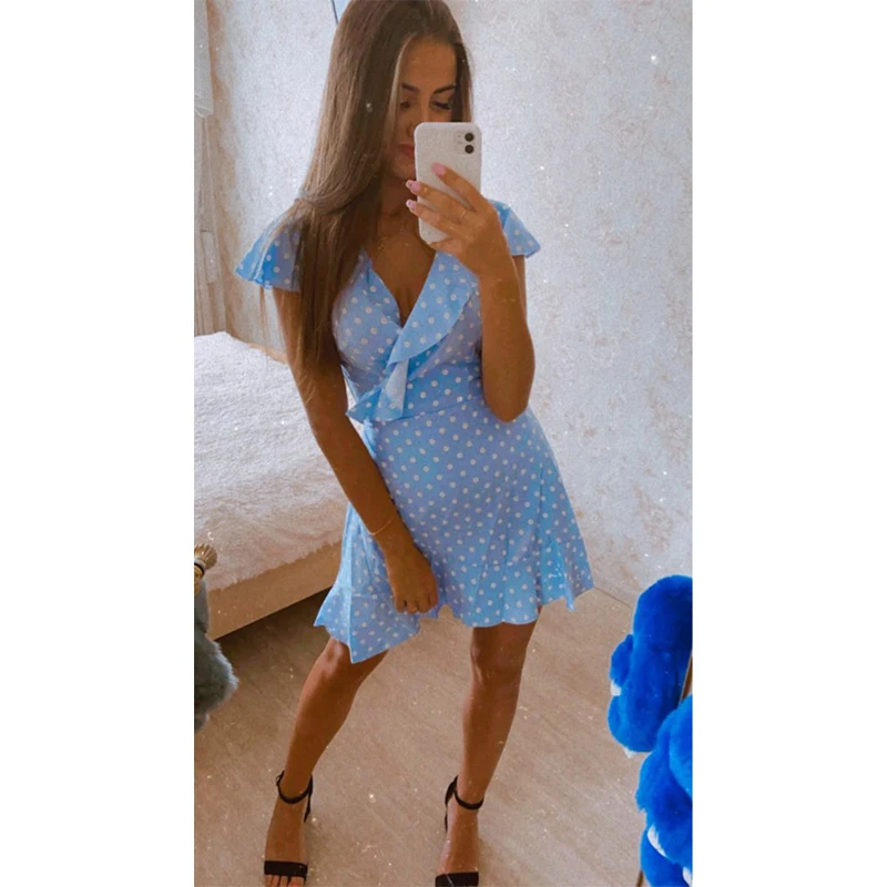 2020 Chiffon Fashion Print Polka Dot V-neck ruffle dress women Belt dress Summer Short sleeve Dress aa924