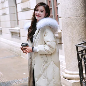 

2019 Winter New Style Large Fur Collar Drawstring Mid-length down Jacket Women's Anti Season Loose-Fit Jacket White Duck Down Ja