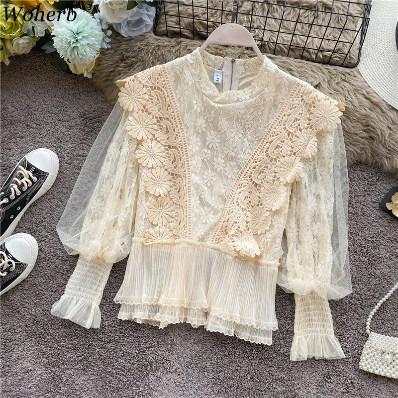 

Woherb Vintage Fashion O Neck Long Sleeve Blouse Gauze Lace Patchwork Ruffles Sweet Shirts Women 2020 New Blusas Mujer 91685