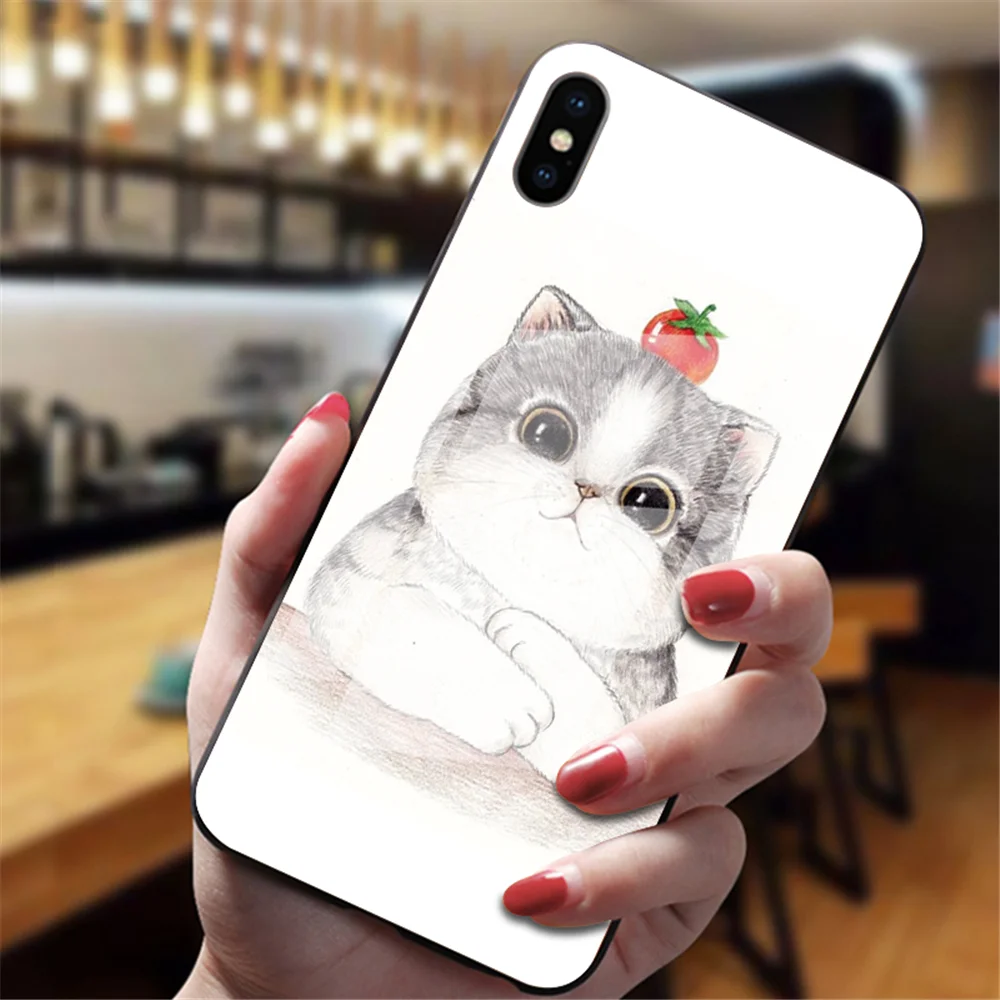 Забавная Милая задняя крышка с изображением кота для iphone XS Max XR X 5 5S 6 6S 7 8 Plus 11 Pro Max, милые чехлы из закаленного стекла - Цвет: 8059
