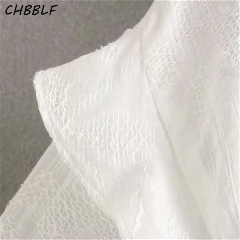 CHBBLF Женская белая блузка с украшениями, v-образным вырезом, Расклешенным рукавом, Женская Повседневная Однотонная рубашка, летние милые топы, blusas NJN1406