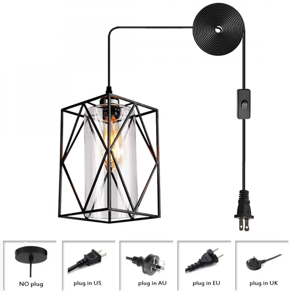 

Black Industrial Metal Pendant Lamp, Transitional Plug In Pendant Light with Cord, Clear Glass Hanging Lighting Fixture