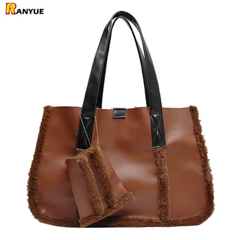 

high quality pu leather+faux fur bags for women purses and handbags set retro large capacity tote shoulder bag black white brown