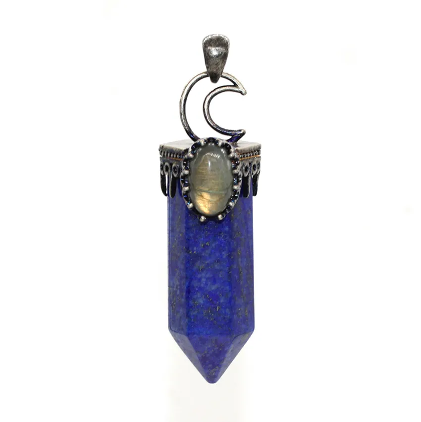 Модные бусины Винтажный стиль посеребренный полумесяц шестиугольник Призма кулон аметисты Овальный лабрадорит камень ювелирные изделия - Окраска металла: Lapis Lazuli
