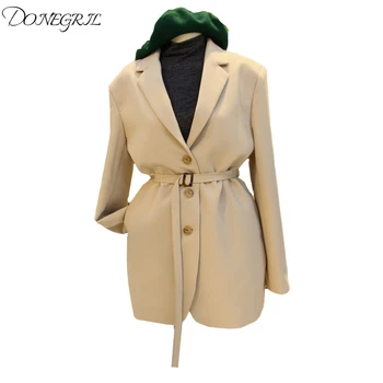 

Woman Suit Notched Solid Waist Belt Full Long Coats Large Size Casual Suit Coats Woman 2019 New Sexy Fashion Vintage Coat