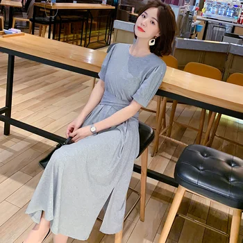 

2020 New Summer Fashion Women Casual Slit Dress with Bow Short Sleeve O-Neck A-line Gray Dress Loose Plus Size Cotton Midi Dress