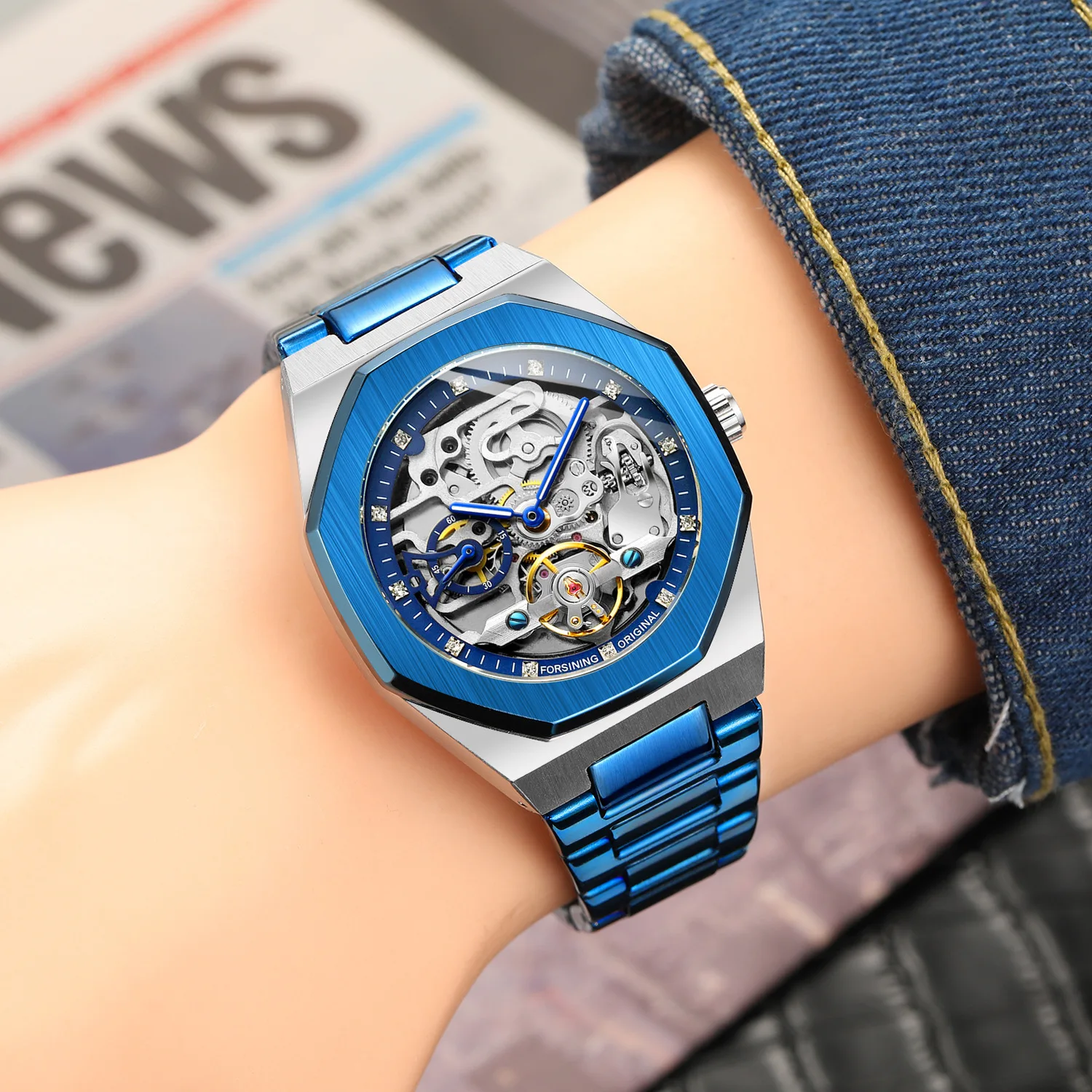 2021 Forsining Top Brand Luxury Automatic Mechanical Watch Luminous Three Eyes Six Needles Skeleton Male Wrist Watch Wrist Clock