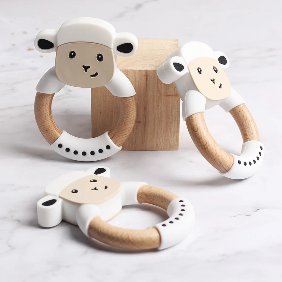 Silicone Sheep Elephant Beech Wooden Teether Wooden Teething Ring Cute Baby Rattles Teething Toy For Baby Nursing Pendant