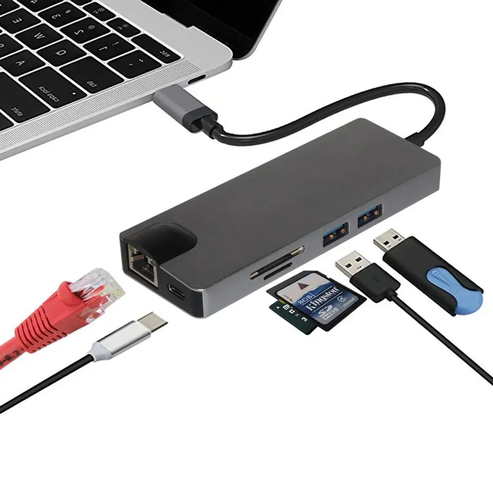 8 в 1 type C-2USB SD Micro SD LAN VGA HDMI USBC адаптер концентратор Расширение PD зарядная док-станция 1000 Мбит/с Rj45 OTG дисплей