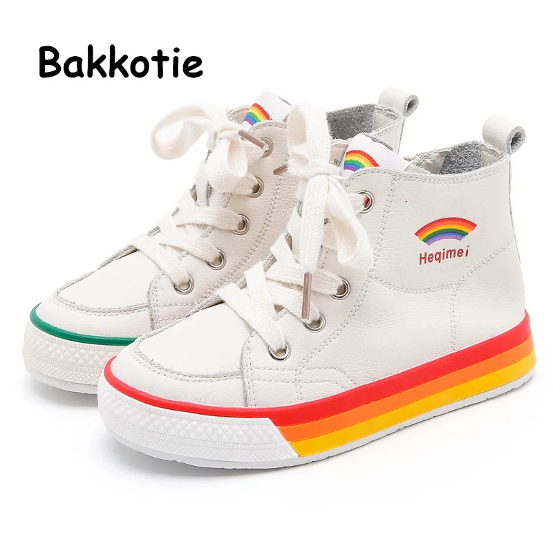 Bakkotie/ г. Детская осенняя новая спортивная обувь для девочек Дышащие Высокие сникерсы для маленьких мальчиков из натуральной кожи Радужная модная повседневная обувь