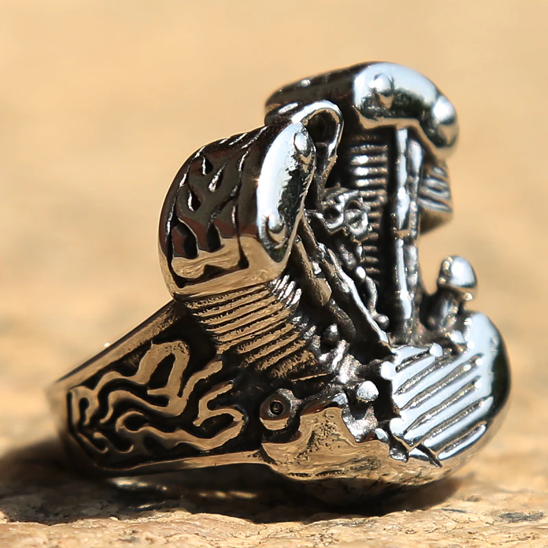 Cool Punk Biker Engine Ring Men Boys 316L Stainless Steel