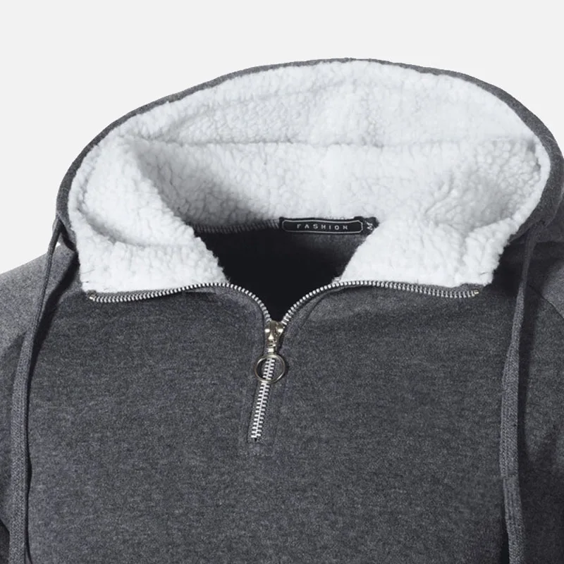 Winter Hooded Fleece Thicken Mens Sweatshirt Zipper Badge Pockets Patchwork Male Hoody Casual Solid Warm Man Pullover Tops