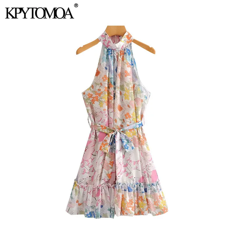 KPYTOMOA Women 2020 Chic Fashion Floral Print Ruffled Mini Halter Dress Vintage Sleeveless Back Zipper With Belt Female Dresses KPYTOMOA Women 2020 Chic Fashion Floral Print Ruffled Mini Halter Dress Vintage Sleeveless Back Zipper With Belt Female Dresses