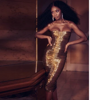 

New Fashion Hot Selling Elegant Chic Golden Off Shoulder Bandage Women Christmas Outfit Clothing Cocktail Party Dress Wholesale