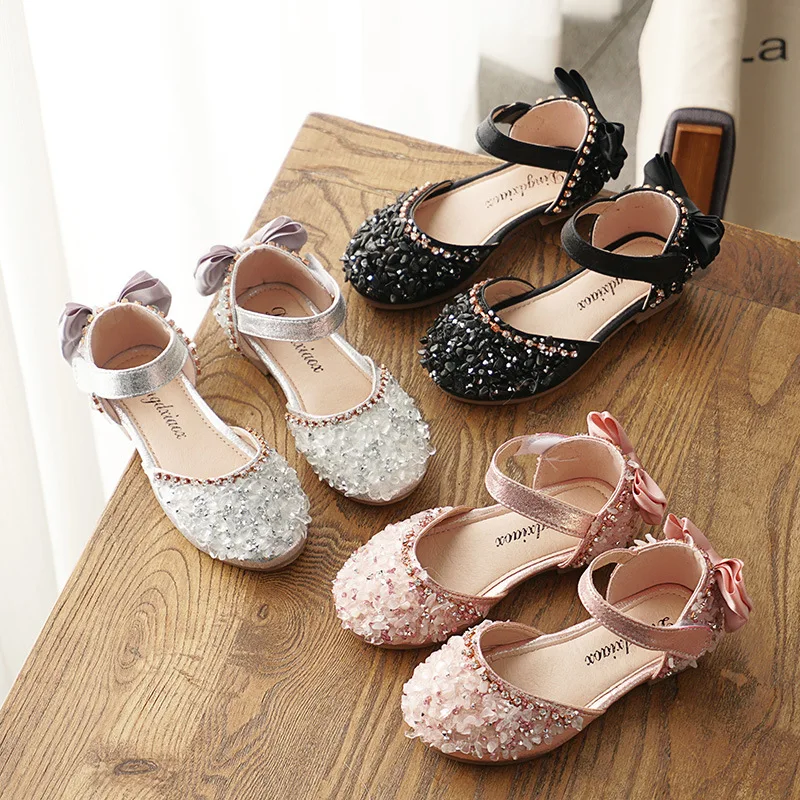 New Kids Leather Shoes Girls Wedding Shoes Children Princess Sandals Sequins Bow Girls Casual Dance Flat Sandals E462 kids shoes children sandals kids sandals