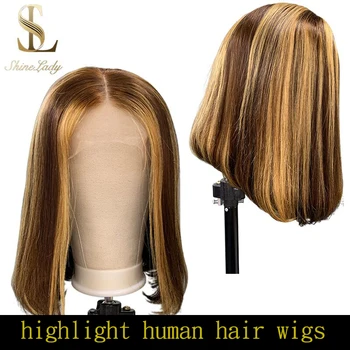 

Shinelady Highlight lace front human hair bob wigs 13x4 Honey Blonde Brown Pre Plucked Brazilian remy Hair Natural Wig For Women