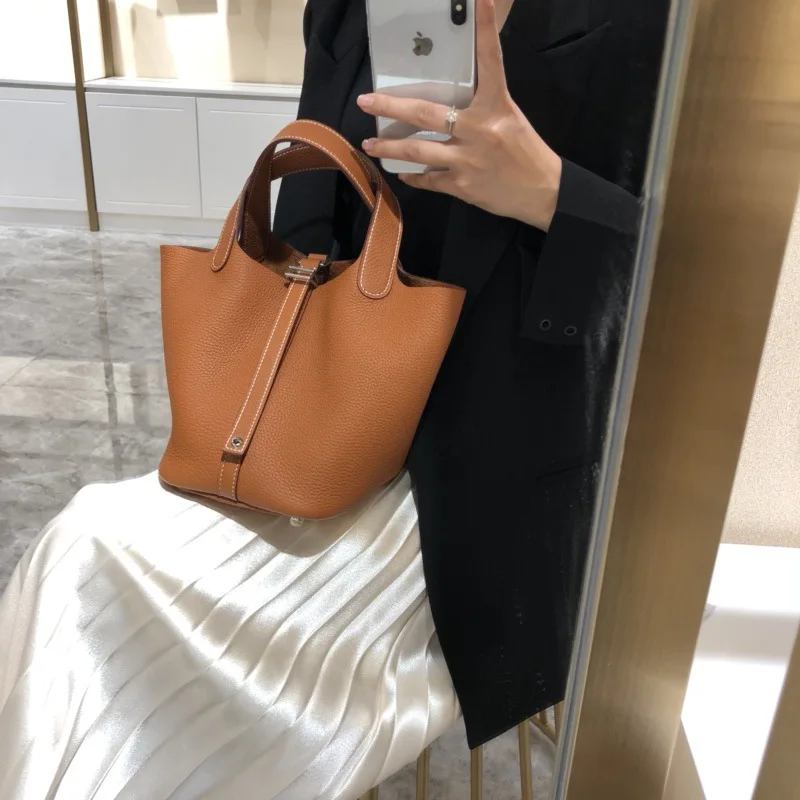 

Lychee Pattern First Layer Cowhide Color Matching Vegetable Basket Bag Leather Bucket Bag Simple All-match Handbag Female