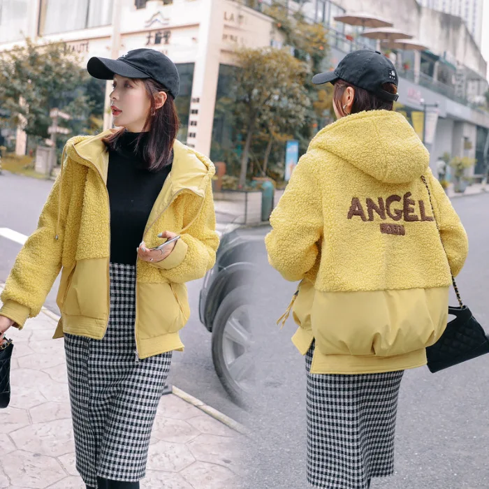 

2019 Autumn And Winter New Style Korean-style Short down Jacket Cotton-padded Clothes Women's Lambs Wool Joint Lettered Hooded C