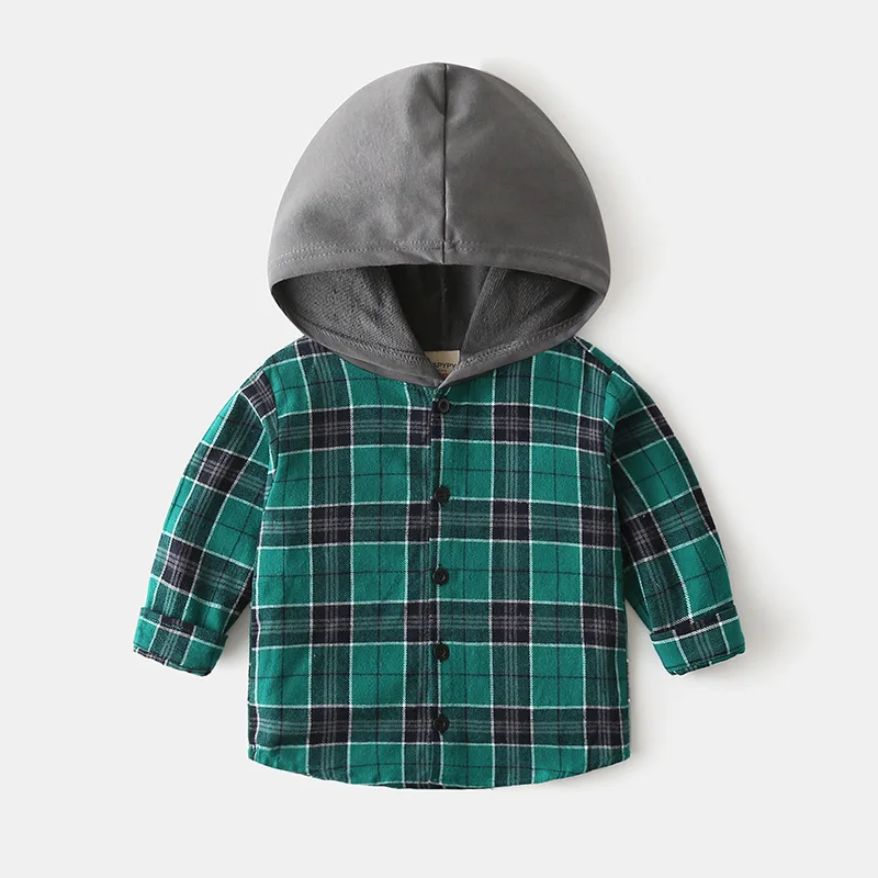 Korean children Clothing Boys long-sleeved shirt baby with a hat plaid shirt in the children's spring and autumn cloth
