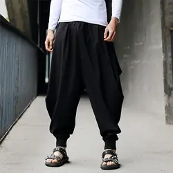 Мужские штаны-шаровары в стиле хип-хоп, Мужские штаны из хлопка и льна, праздничные мешковатые одноцветные брюки, ретро цыганские свободные