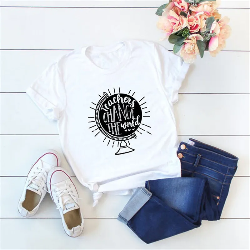 Женская футболка с принтом «учители изменить мир», Забавные футболки с изображением глобуса, повседневные летние топы с коротким рукавом и круглым вырезом, женские футболки