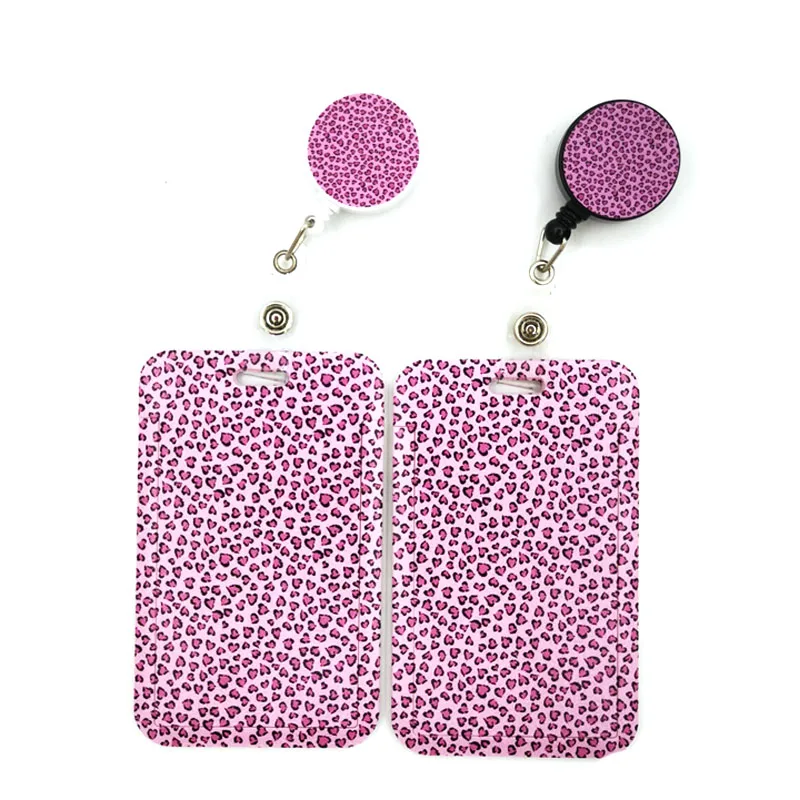 Pink Leopard Print Lanyard Credit Card ID Holder Bag Student Women Travel Card Cover Badge Car Keychain Decorations