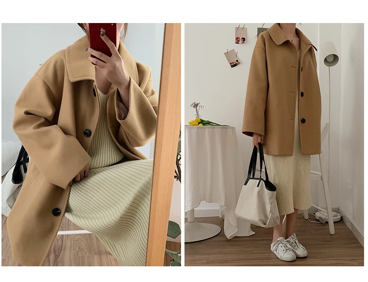 Женское Однотонное шерстяное пальто средней длины, зимнее, Harajuku Camel, элегантное, подходит ко всему, свободное, шикарное, корейский стиль, женская винтажная одежда
