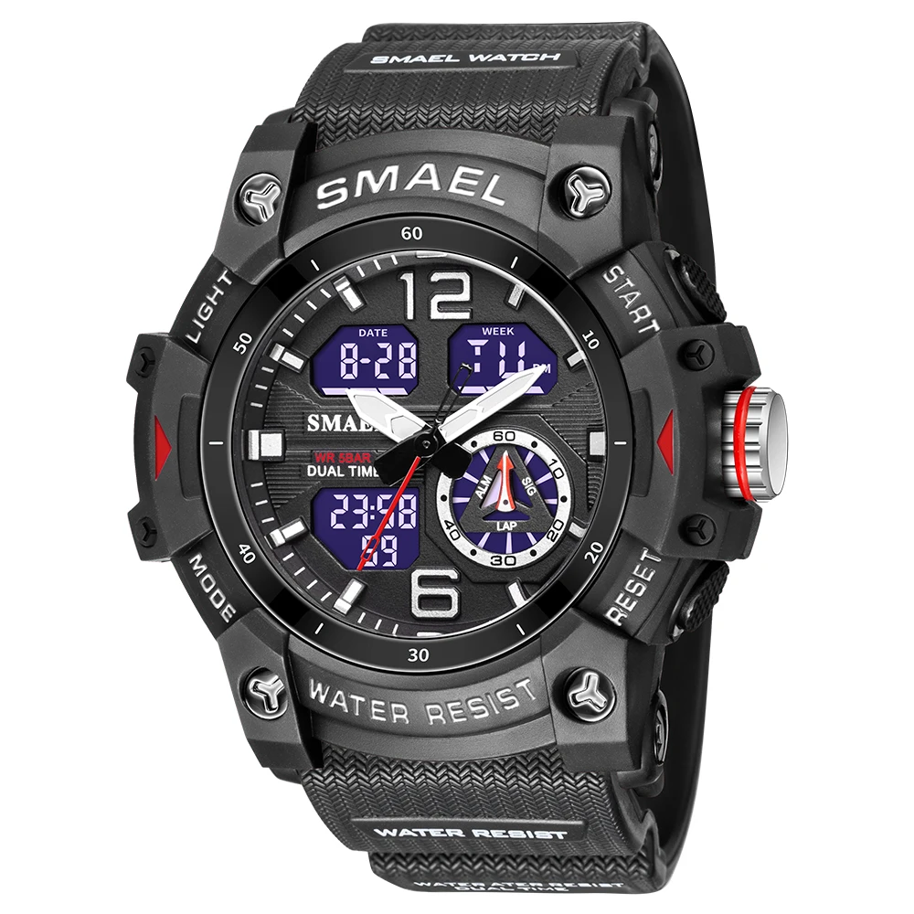 SMAEL Sports Dual Display Watch For Men LED Digital Quartz Waterproof Watches Men's Stopwatches Student Clock Youth Wristwatches 